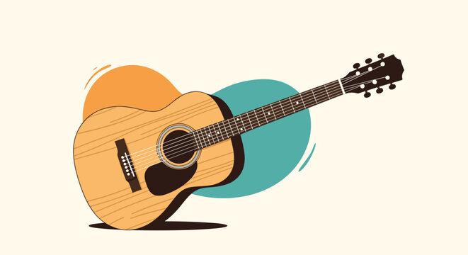 Beautiful acoustic guitar illustration with warm orange and teal background elements showing wood grain and string details.