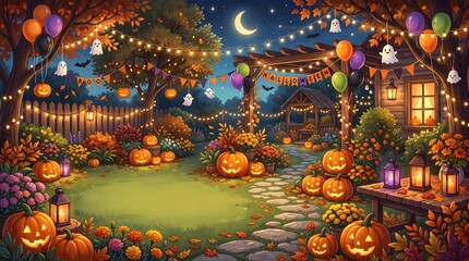 Fototapeta premium Magical halloween night garden scene with glowing jack o lanterns and festive string lights under a crescent moon