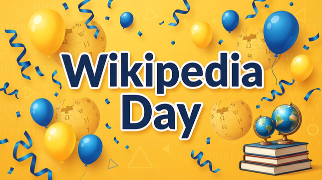 Wikipedia day celebration graphic with balloons