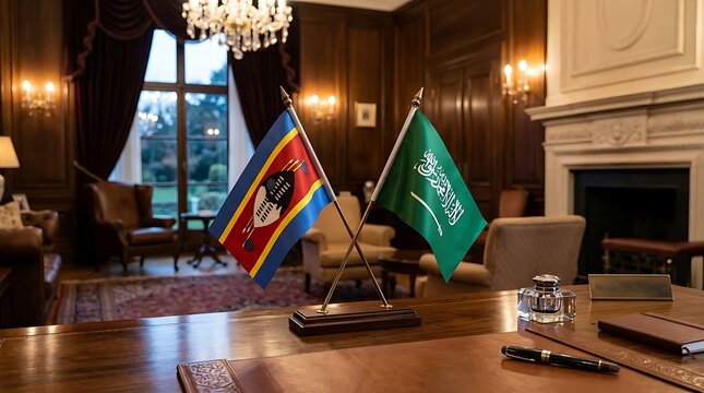 National Flags of Eswatini and Saudi Arabia on Wooden Table in a Luxury Diplomatic Office Setting