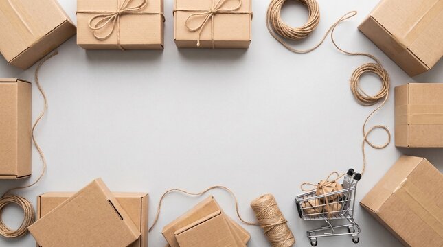 Gift wrapping flat lay texture with kraft boxes, twine string, tags, tape, and stationery on white table, packaging and holiday shipping concept, top view copy space