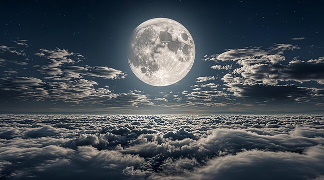 A breathtaking view of a glowing full moon shining brightly above a sea of fluffy clouds in the starry night sky