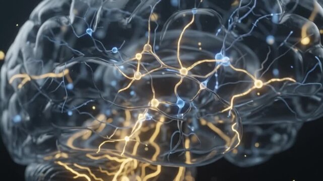 3D animation of a human brain with electrical impulses and neural network activity symbolizing thought and cognition
