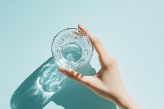 Woman holding a glass of water from above on a light blue background with sun shadows
