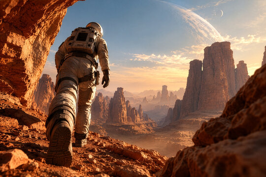 Astronaut hiking alien canyon landscape

