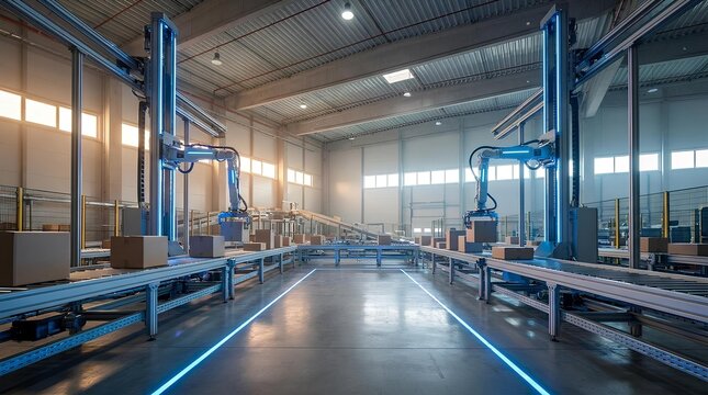 Automated factory production line with robotic arms and high-tech industrial lighting.