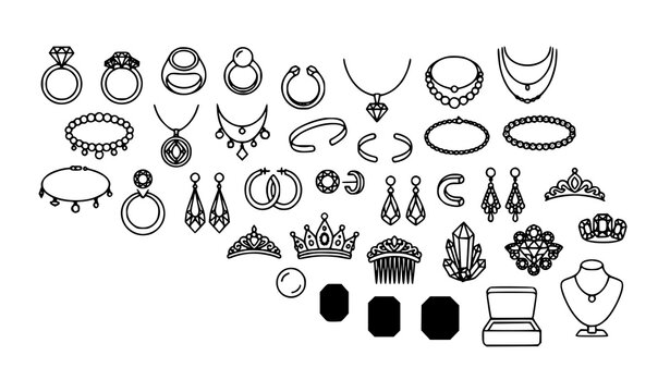 Modern Jewelry and Gemstone Editable Line Icon Set with Rings Necklaces Earrings and Bracelets