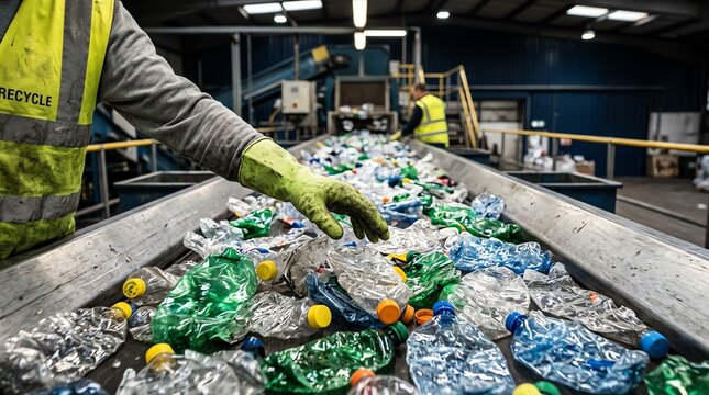 Professional worker manually sorting used plastic bottles on a moving conveyor belt inside a modern waste management and recycling facility