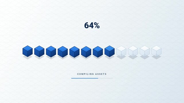 Digital Progress Bar Display with Isometric Cube Elements Representing Data Loading and Asset Compilation Status