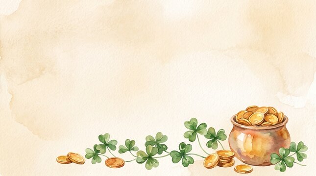 St Patrick&rsquo;s Day watercolor border with clover leaves and pot of gold coins on beige paper, holiday illustration with blank copy space for greeting card, banner, and invitation templates.