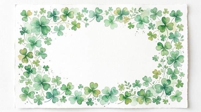 Clover leaf border frame on white paper, St Patrick&rsquo;s Day shamrock pattern with blank copy space for greeting card, party invitation, banner, poster, and stationery templates.