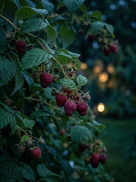 Fresh red raspberries hanging on branches in moody evening garden.