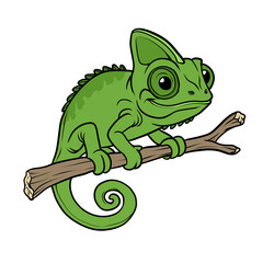 Fototapeta premium Cute cartoon green chameleon lizard on a tree branch illustration isolated on transparent background