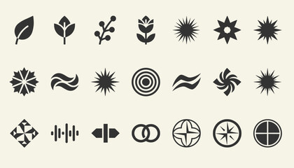 Fototapeta premium Collection of diverse black graphic icons featuring nature elements, stars, geometric shapes, and abstract symbols on cream.