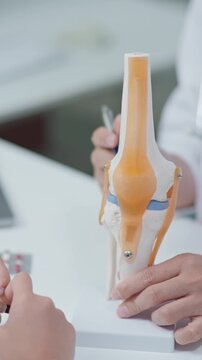 Doctor explaining knee joint structure with anatomical model during medical consultation, focusing on bones, ligaments, and degenerative joint changes.