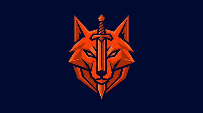 Geometric Orange Wolf Head with Sword Mascot Logo Illustration Isolated on Dark Background
