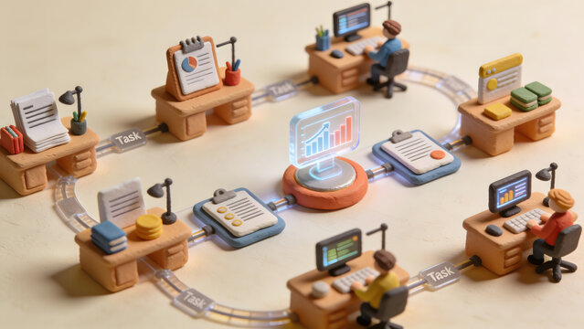 Business workflow and task management concept with miniature office teams, digital dashboards, documents, and connected processes illustrating productivity, automation, and project growth.