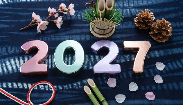 New Year 2027 Decorations on Indigo Fabric Generative AI