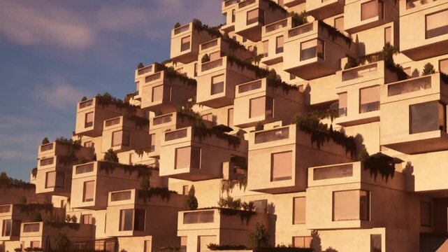 The image shows a modern building with multiple stacked boxes and greenery. Sunlight casts warm tones on the structure as the day comes to an end. The building has a unique design and stands out.