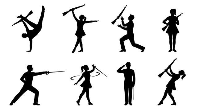 Set of marching band performers in black silhouette, showcasing various instrument skills and twirling routines, perfect for school sports themes