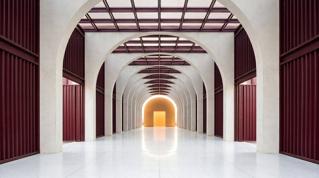 Symmetrical architectural corridor featuring repeating white stone arches and deep red metal wall