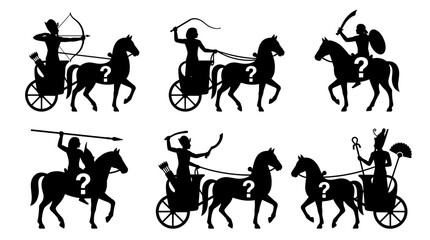 Fototapeta premium Set of black silhouettes featuring ancient chariots and horsemen with question marks, historical warfare mystery, riddle, strategy games, icon