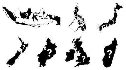 Obraz premium Set of black silhouette country maps with interrogation marks, geography quiz, unknown location, travel mystery, border outline, global navigation