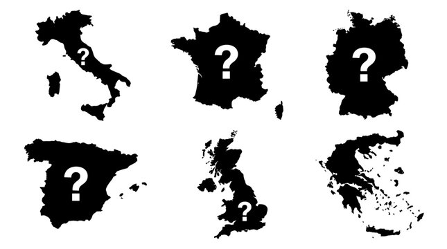 Set of black silhouette country maps with question mark overlay, representing mystery, unknown geography, travel uncertainty, border disputes