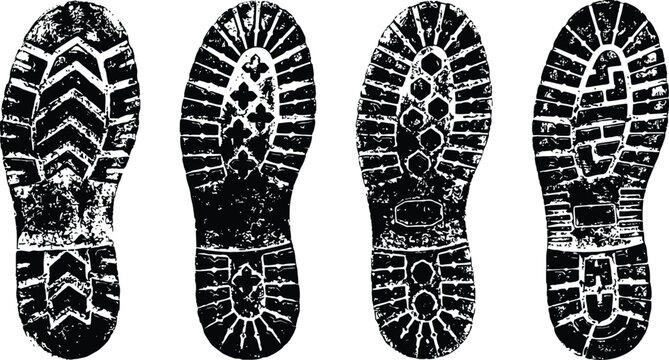 Shoe print silhouettes showing rugged boot tread patterns on white background
