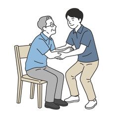 Obraz premium シニア男性と椅子からの立ち上がりを介助する男性介護士