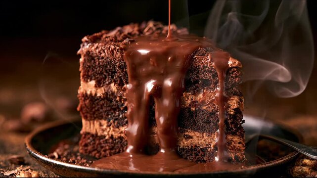 Hot Chocolate Fudge Dripping Over Layered Chocolate Cake