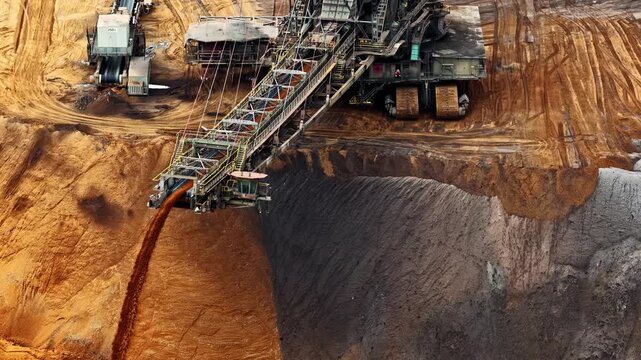 Aerial view of the massive bucket-wheel excavator operating at the Tagebau Hambach open-pit mine in Elsdorf, Nordrhein-Westfalen, Germany.