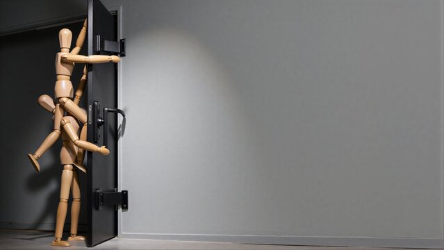 Wooden figures stacked, struggling to open a heavy door.
