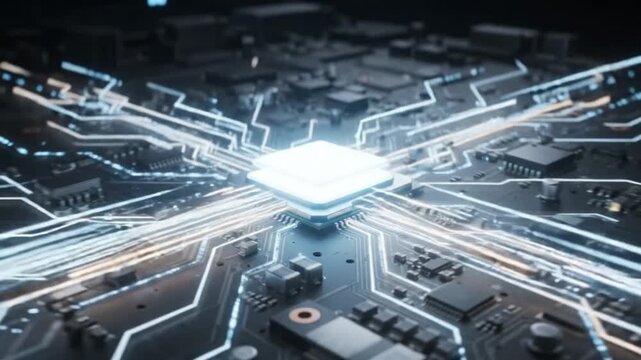 Close up shot of a futuristic computer processor chip on a dark circuit board technological background innovation concept