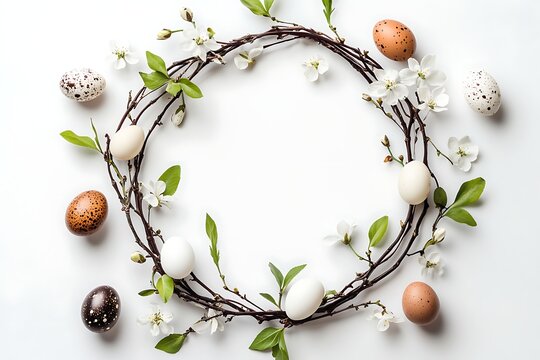 Easter wreath made of branches and flowers with eggs isolated on white background