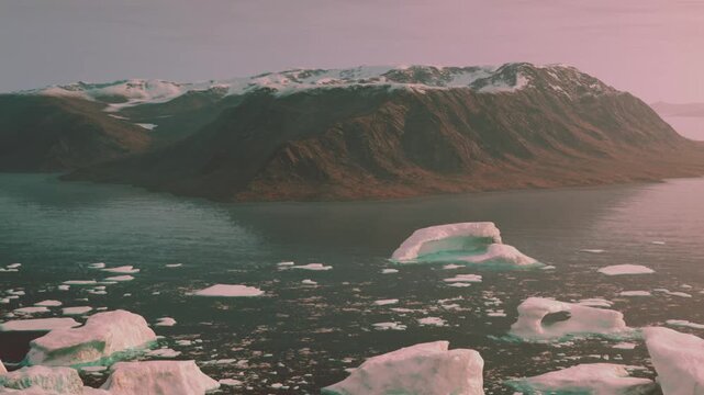 A view of mountains surrounded by water with floating icebergs below. The sunset casts soft light on the scenery. This area is remote with no signs of human activity.