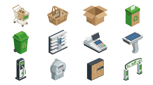 Collection of isometric retail and industrial icons.