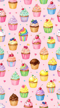 Watercolor Cupcake Seamless Pattern with Hearts, Sprinkles, and Colorful Frosting on Pink Background
