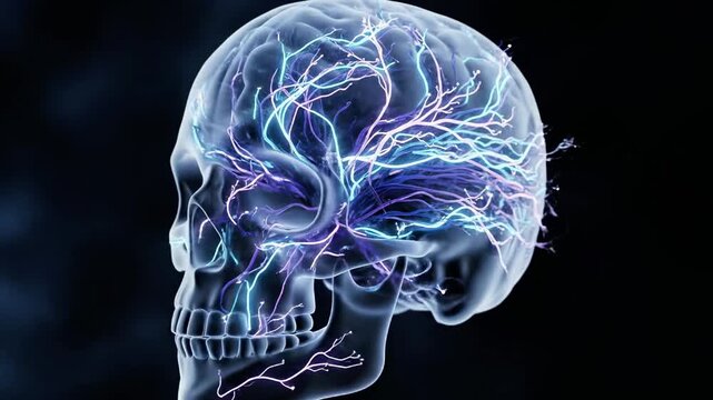 Translucent human skull being scanned by blue laser beam.