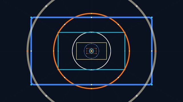 Futuristic camera framing screen with optical focal target, concentric circles and geometric viewfinder graphics