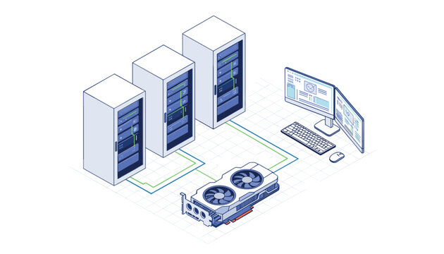 Isometric illustration of high performance GPU mining rig connected to three server database racks and desktop control monitor.
