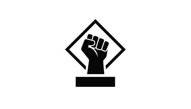 Black raised fist icon representing protest, resistance, and human rights, framed in a diamond on a white background.