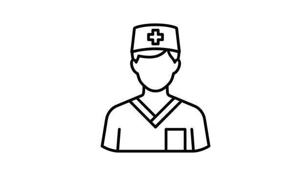 Simple line icon illustration of a male nurse or doctor wearing a medical scrub uniform and cap with a cross symbol.