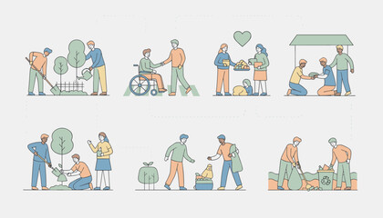 Fototapeta premium Flat vector illustrations depicting various volunteer activities like planting trees, helping people, donating food, and cleaning up.