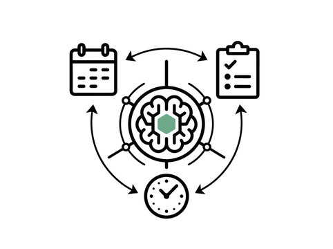 Central brain icon connected with arrows to a calendar, a checklist, and a clock depicting time management, scheduling, and cognitive organization.