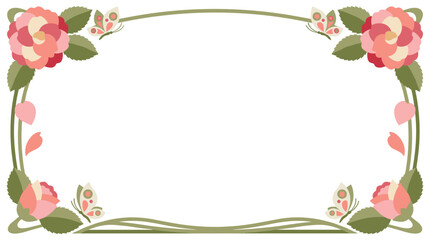 Obraz premium East asia floral border with blooming roses and delicate butterflies, vintage natural foliage frame, perfect for invitations and wedding stationery
