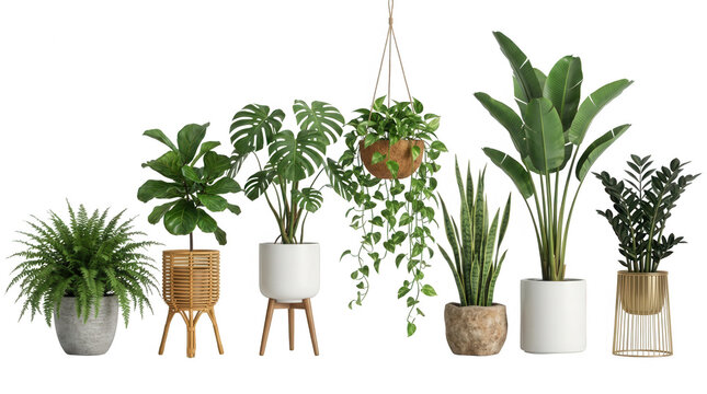Eine Sammlung verschiedener Zimmerpflanzen in modernen T&ouml;pfen und Pflanzst&auml;ndern, isoliert auf wei&szlig;em Hintergrund, inklusive Monstera, Geigenfeige, Bogenhanf und h&auml;ngenden Efeupflanzen f&uuml;r