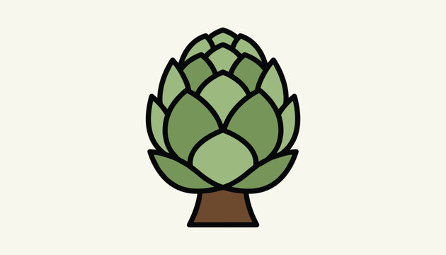 Stylized vector illustration of a green artichoke vegetable on a short brown stem isolated on a cream background.
