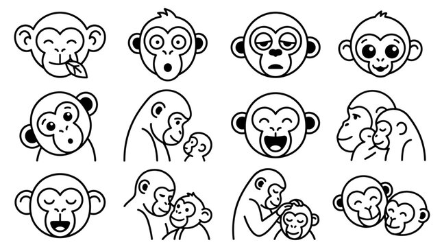 Set of monkey face expressions, line art vector icons, playful animals showing diverse emotions and social interaction, simple outlines for branding