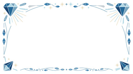 Fototapeta premium Decorative border frame featuring blue diamond gemstones and sparkling stars, elegant jewelry theme for wedding invitations and greeting cards